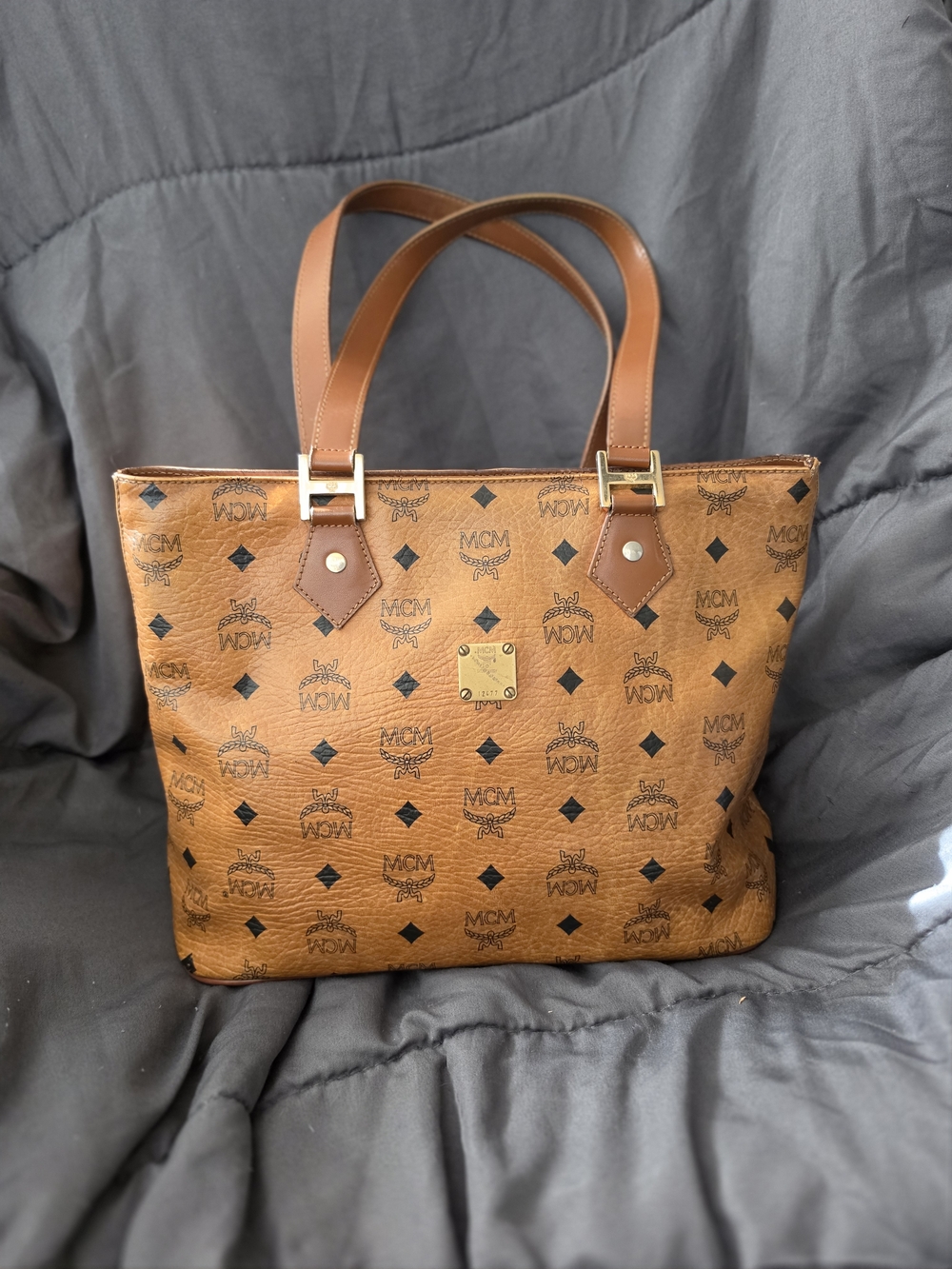 AUTHENTIC MCM Visetos Logo Tote - Cognac Tan with Black Print